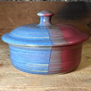 Handmade Pottery Butter Dish with lid-Raspberry/Twilight-ceramic lidded butter dish-serving dish-round stoneware butter dish holds 1/2 pound