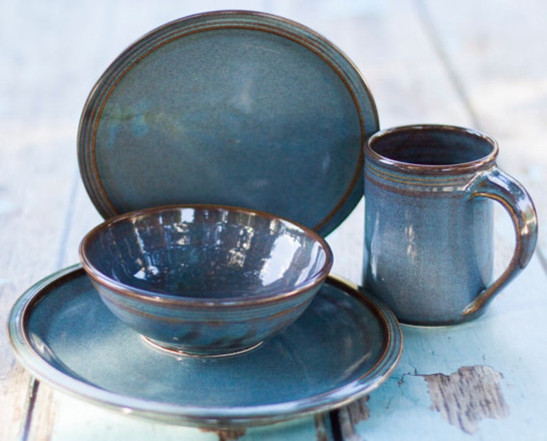 Blue Stoneware Dinnerware Plate Sets 4 Piece Ceramic Etsy