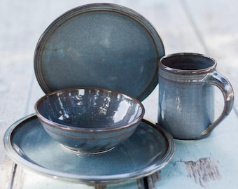 Handmade Pottery 4-piece Dinnerware place setting-choose your glaze-stoneware dinnerware--ceramic dinner plate, dessert plate, bowl, and mug