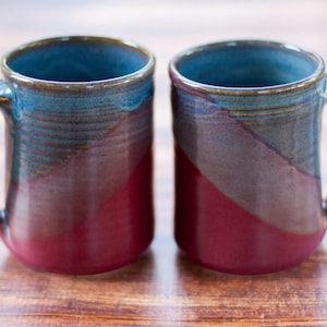 Set of 2 Handmade Pottery Mugs--Raspberry/Twilight--Hand thrown Stoneware coffee/tea mugs--14 oz Ceramic mugs for hot or iced beverages
