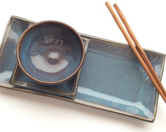 Handmade Pottery Sushi Serving Set -Twilight-Ceramic 3-piece Sushi Set--rectangle tray, square dish, and dipping bowl--Perfect Sushi Set