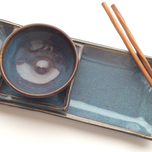 Handmade Pottery Sushi Serving Set -Twilight-Ceramic 3-piece Sushi Set--rectangle tray, square dish, and dipping bowl--Perfect Sushi Set