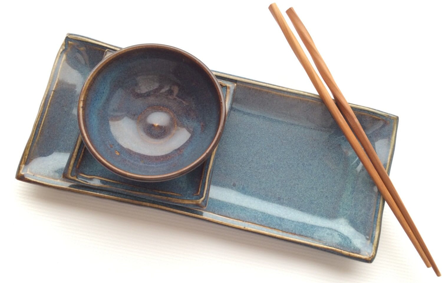 twilight-ceramic Etsy Tray, Dish, Serving Handmade Setrectangle Sushi Dipping Pottery Bowlperfect Sushi Set Square - Set Sushi 3-piece and