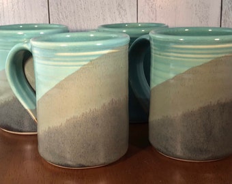 Set of 4 Mugs --Slate Aqua-- Handmade Ceramic mugs-- Pottery coffee mugs--hand thrown stoneware coffe/tea mugs-large 14-ounce mug set