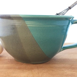 Pottery Handled Mixing Bowl with pouring spout--Slate/Aqua Glaze-hand thrown ceramic bowl--handmade stoneware mixing bowl--6-cup batter bowl