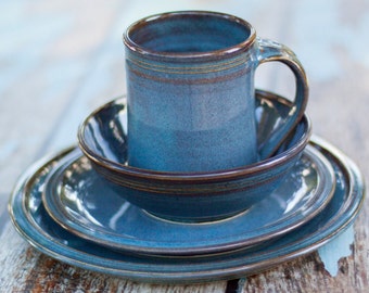 Four 4-piece place dinnerware settings-Twilight--handmade pottery dishware set—ceramic dishware--dinner plate, salad plate, soup bowl, mug