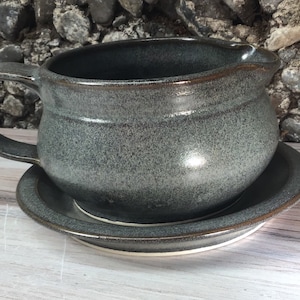 Handmade Pottery Gravy Boat with Drip Plate--Slate Glaze--ceramic 2-piece gravy boat--hand thrown stoneware gravy service set