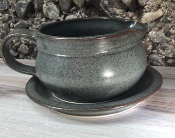 Handmade Pottery Gravy Boat with Drip Plate--Slate Glaze--ceramic 2-piece gravy boat--serving set--sauce serving set--wedding gift