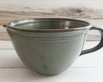 Handmade Pottery Mixing Bowl with Spout--Slate Glaze--6-Cup Stoneware Batter Bowl--Ceramic Handled Mixing Bowl