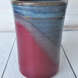 Handmade pottery tumbler, 16 fluid oz capacity, 5 1/4" H 3 1/2" W (3" bottom width) Twilight (deep blue) Raspberry (deep berry red),