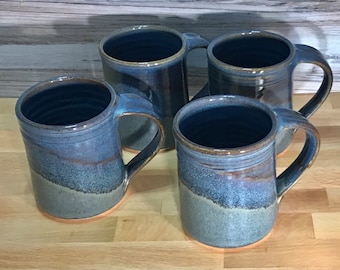 Set of 4 Handmade Pottery Mugs --Slate/Twilight Glaze- Ceramic Handmade coffee tea mug --Hand thrown Pottery-- large 14-ounce mug set