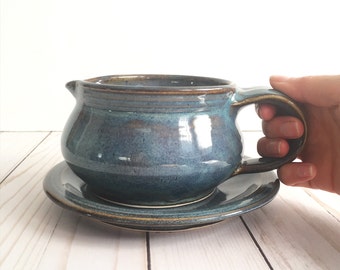 Handmade Pottery Gravy Boat with Drip Plate--Ceramic Gravy Boat with handle and spout and small plate--CHOOSE YOUR GLAZE-