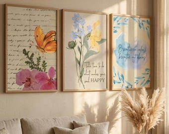 Boho-Kunstdrucke mit botanischen Motiven, 3er-Set, Wanddekoration in neutralen Erdtönen (Digitaler Download)