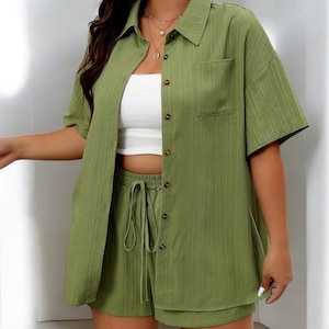 Plus Size Summer Two Piece Set Women – Short Sleeve Button Down Shirt & Elastic Waist Shorts with Pockets
