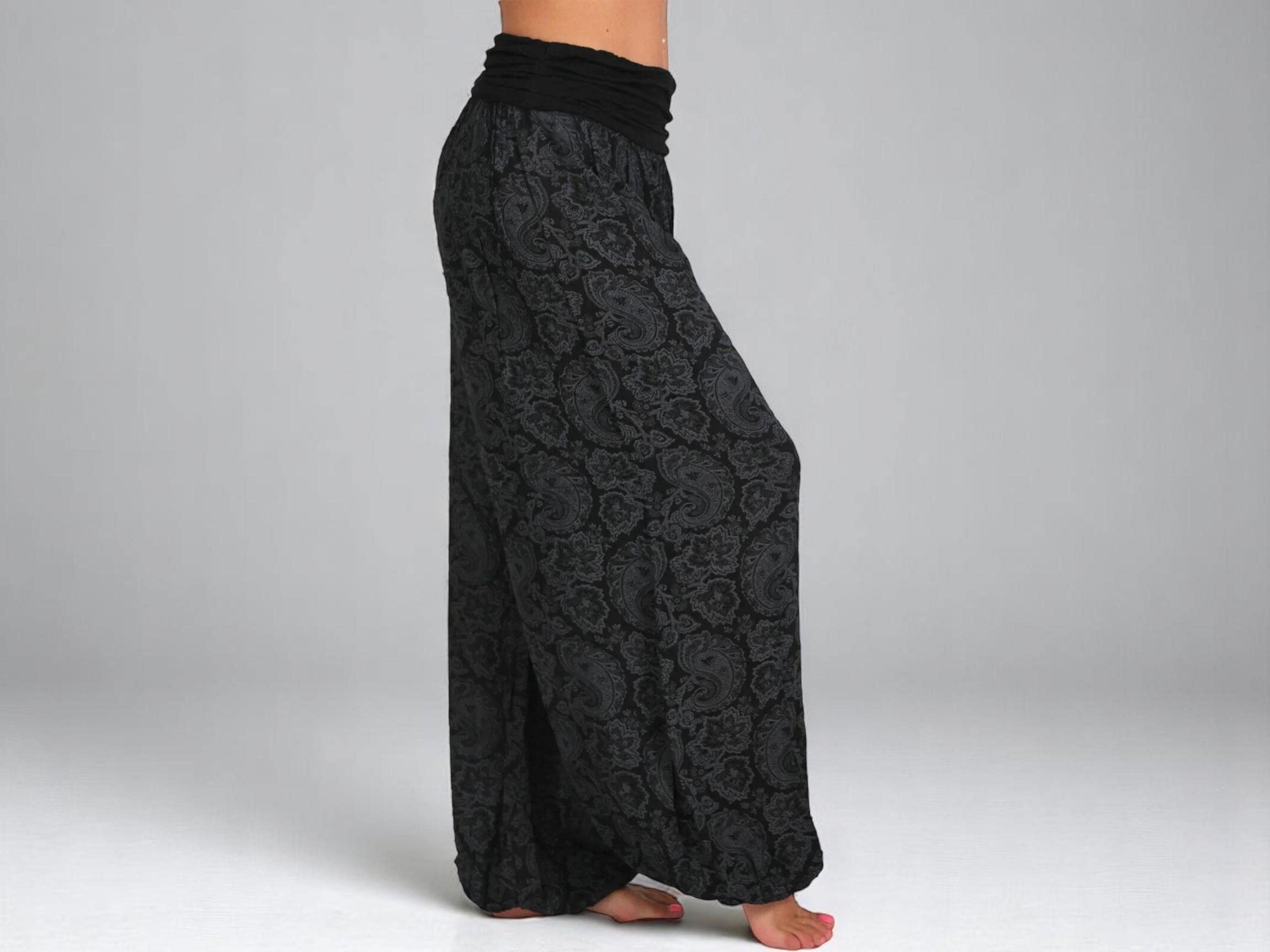 Boho Harem Pants for Women – Vintage Print Wide Leg Trousers, Elastic Waist Loose Fit Capris, Festival Streetwear