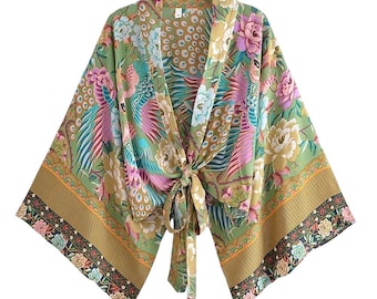 Boho Floral Kimono Robe for Women – Short V-Neck Batwing Sleeve Cover Up with Sash – Beachwear, Bikini Coverup, Festival Outfit
