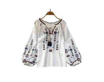 Boho Embroidered Cotton Linen Blouse – Women’s Ethnic Retro Pullover Top, Loose Fit Spring Casual Shirt - One Size