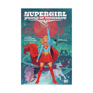 May include: A comic book cover for "Supergirl: Woman of Tomorrow" features Supergirl in a blue top, red skirt, and cape, holding a sword. The background is a cosmic scene with a red planet and a dog. The title and author names are visible.