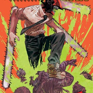 May include: Manga cover for "Chainsaw Man" volume 1. The artwork features a figure with a chainsaw head and arms, standing on a monster. The background is orange and green with the title at the top. Text at the bottom reads "Story & Art Tatsuki Fujimoto".