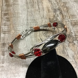 Wire wrapped bangle bracelet, bead and wire bracelet, stainless steel bracelet