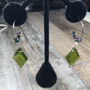 Green and silver dangle earrings, wire wrap earrings, green earrings, ladies earrings, dangle earrings