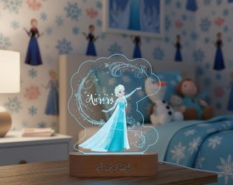 Luz de noche personalizada de Elsa de Frozen con nombre, luz personalizada para niña, regalo de Disney, regalo de cumpleaños para hija, regalo de Navidad para niña.