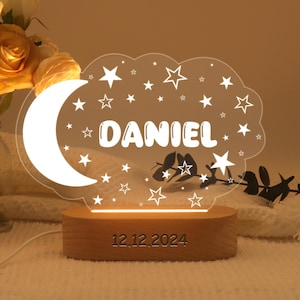 Custom Name Night Light, Personalized Moon&Stars Night Light, Night Light with Unicorn/Rocket/Train/Butterfly/Rainbow, Baby Shower Gift