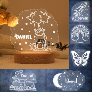 Custom Name Night Light, Personalized Unicorn Night Light, Night Light with Moon&Stars/Rocket/Train/Butterfly/Rainbow, Baby Shower Gift
