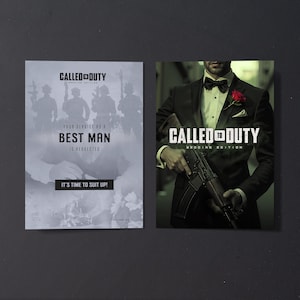 May include: Two posters for "Call of Duty." The left poster reads "Your service as a Best Man is requested" and "It's time to suit up!" The right poster features a man in a tuxedo holding a rifle, with the text "Wedding Edition."