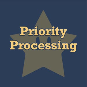 May include: A navy blue background with a star-shaped graphic in olive green. The words "Priority Processing" are written in a bold, yellow font, centered within the star.