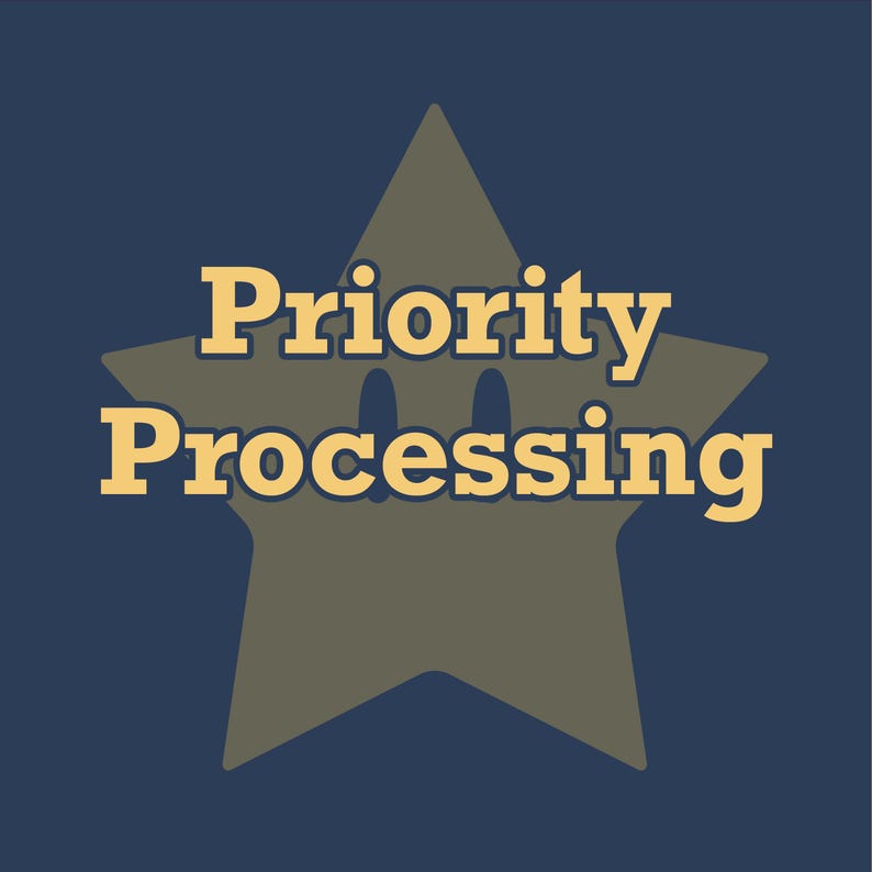 May include: A navy blue background with a star-shaped graphic in olive green. The words "Priority Processing" are written in a bold, yellow font, centered within the star.
