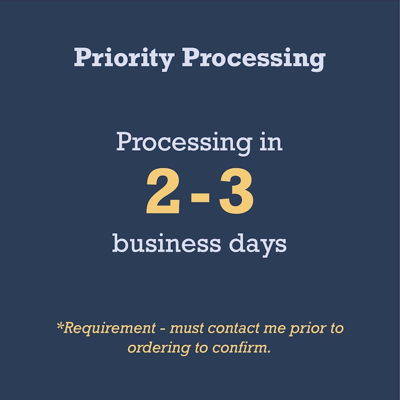 May include: A navy blue graphic with the words "Priority Processing" at the top. The text "Processing in 2-3 business days" is in the center, with a note at the bottom: "Requirement - must contact me prior to ordering to confirm."