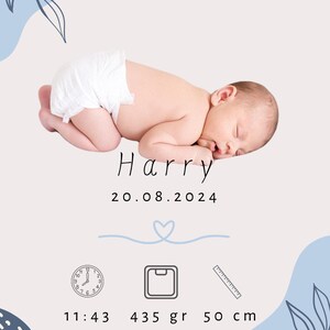 Póster de nacimiento personalizado con foto del bebé y estadísticas. Foto del bebé, nombre, nacimiento, sin marco, varios tamaños.