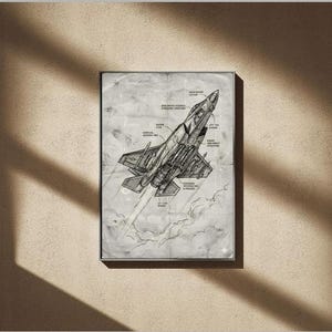 May include: A framed black and white illustration of a jet fighter plane, with detailed technical annotations. The artwork is set against a neutral background, with shadows cast across the surface.