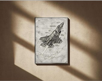 Detailed F-35 fighter jet blueprint art for pilots, aviation lovers & engineers. High-resolution digital download