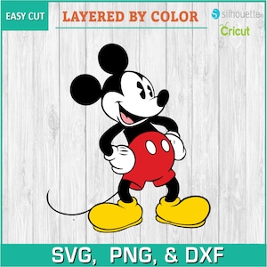 May include: A black and white cartoon image of Mickey Mouse with red shorts and yellow shoes. The image is layered by color for easy cutting.