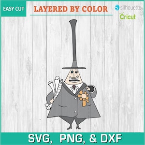 May include: A black and white illustration of a character from the movie "The Nightmare Before Christmas". The character is wearing a gray suit, a black top hat, and a yellow ribbon. The character is holding a stack of papers in their left hand and has a surprised expression on their face.