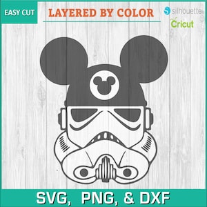 May include: A black and white illustration of a Stormtrooper wearing Mickey Mouse ears and a hat with a Mickey Mouse silhouette. The text "EASY CUT LAYERED BY COLOR SVG, PNG, & DXF" is at the bottom of the image.