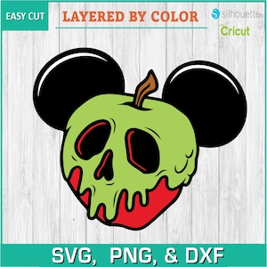 May include: A green apple with a skull face and dripping red liquid, topped with two black Mickey Mouse ears.  The apple is red at the bottom.
