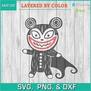 May include: A black and red layered SVG cut file of a cartoon monster with a big smile and pointy ears. The monster is wearing a cape and has a textured body. The file is labeled "Easy Cut" and "Layered by Color" and includes the file types SVG, PNG, and DXF.