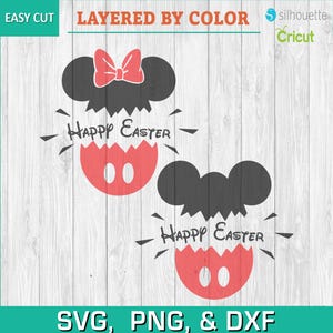 Puede incluir: Gráfico con temática de Pascua con dos siluetas de la cabeza de Mickey Mouse y diseños de cáscaras de huevo agrietadas. Una tiene un lazo rojo. Se incluye el texto "Happy Easter". También incluye el texto "Easy Cut", "Layered by Color" y "SVG, PNG, & DXF".