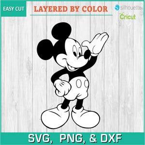 May include: Black and white silhouette of Mickey Mouse with his right hand raised, looking to the right.  He is wearing his signature red shorts with two white circles.  The image is on a woodgrain background with the text "EASY CUT", "LAYERED BY COLOR", "SVG, PNG, & DXF", and logos for Silhouette and Cricut.