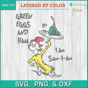Dr. Seuss, El Gato con Sombrero, Huevos Verdes con Jamón, Sam I am - Descarga digital de siluetas, SVG, PNG, Cricut, Archivo de corte de silueta