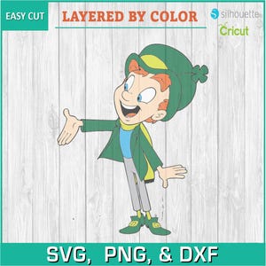 May include: A cartoon illustration of a leprechaun with a green hat, green shirt, and gray pants. He is smiling and waving with his right hand. The image is layered by color for easy cutting.