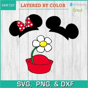 May include: A layered SVG cut file design featuring a red hat with a white flower, black mouse ears with a red bow, and the text "SVG, PNG, & DXF".