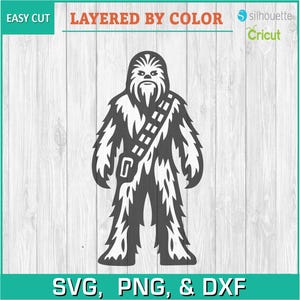 May include: A black and white silhouette of Chewbacca, a fictional character from the Star Wars franchise, standing with his arms at his sides. The image is labeled "Layered by Color" and "Easy Cut" and includes the logos for Silhouette and Cricut.