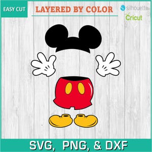 May include: Layered by color SVG cut file of Mickey Mouse. The image shows Mickey Mouse's head, ears, hands, shorts, and shoes. The colors are black, white, red, and yellow.