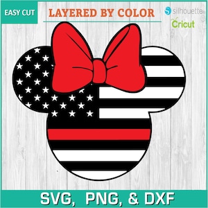May include: A red, white, and blue layered SVG cut file of a Mickey Mouse ear silhouette with a red bow. The ear is designed to look like the American flag with a thin red line across the bottom. The text "EASY CUT" and "LAYERED BY COLOR" is at the top of the image. The text "SVG, PNG, & DXF" is at the bottom of the image.