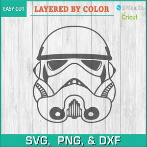 May include: A black and white line art illustration of a Star Wars Stormtrooper helmet. The helmet is layered by color for easy cutting.
