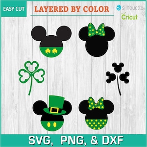 May include: Layered SVG cut files of Mickey and Minnie Mouse dressed in green and gold shamrock themed outfits. The designs include a shamrock, a leprechaun hat, and a bow. The text "EASY CUT" and "LAYERED BY COLOR" is at the top of the image. The text "SVG, PNG, & DXF" is at the bottom of the image.